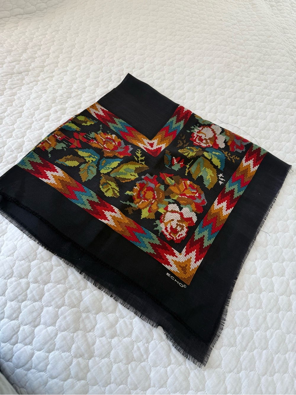 Vintage Echo Black Silk Scarf with Multicolor Floral and Chevron Border